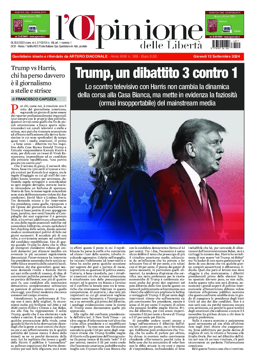 Prima-pagina-opinione della liberta-edizione-di-oggi-2024-09-12